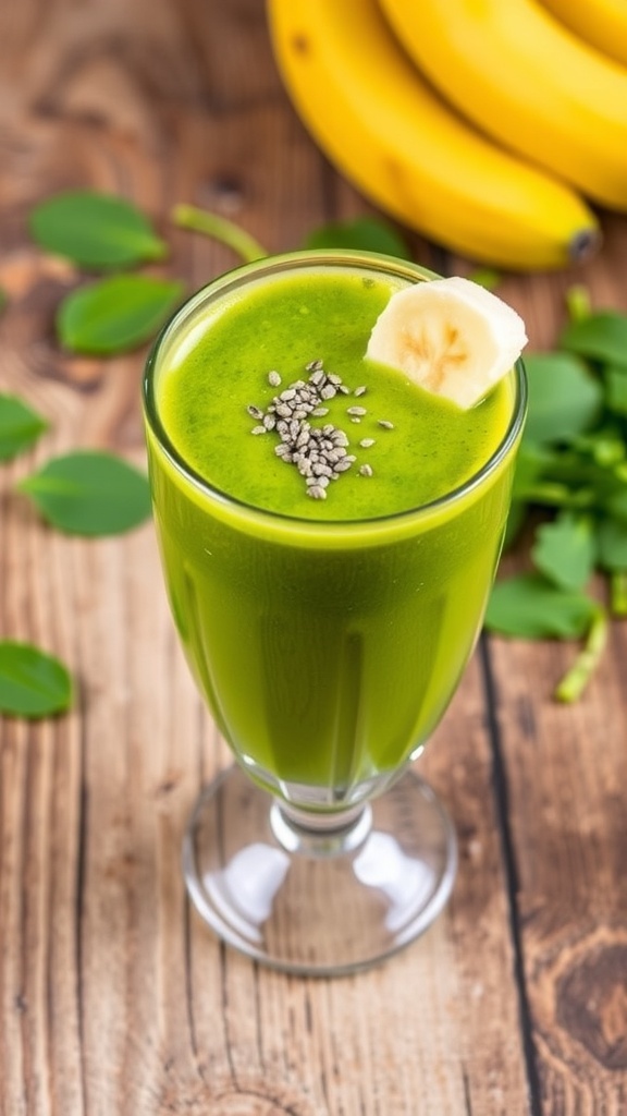 Stephen Curry Inspired Smoothie Recipe A green smoothie in a glass with banana slice and chia seeds, on a wooden table with spinach and bananas.